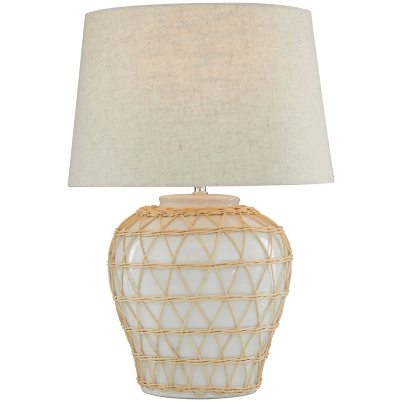 White Ceramic Woven Rattan Table Lamp with Linen Shade