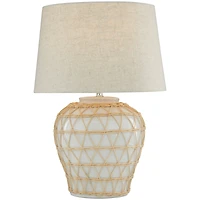 White Ceramic Woven Rattan Table Lamp with Linen Shade