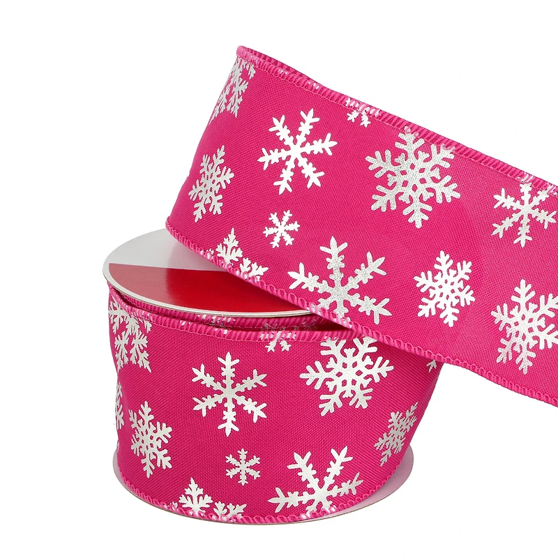 2.5" x 30ft. Hot Pink & Silver Snowflakes Wired Ribbon by Celebrate It®