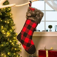 Glitzhome® 21" Fur Black & Red Buffalo Plaid Stocking