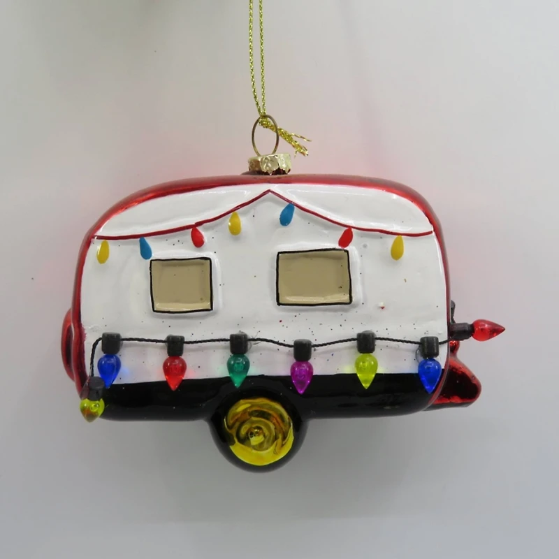 Decked Out Holiday Camper Glass Christmas Ornament - 3" - White and Red