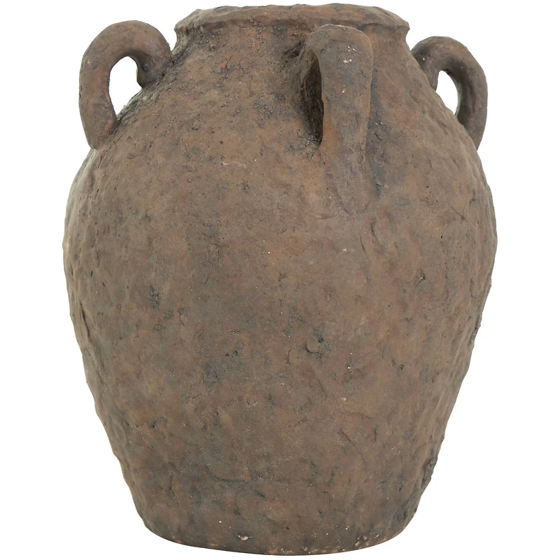 12" Dark Brown Ceramic Handmade Textured Vase with 4 Handles