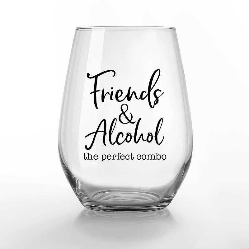15oz. Friends & Alcohol the Perfect Combo Printed Stemless Wine Glass