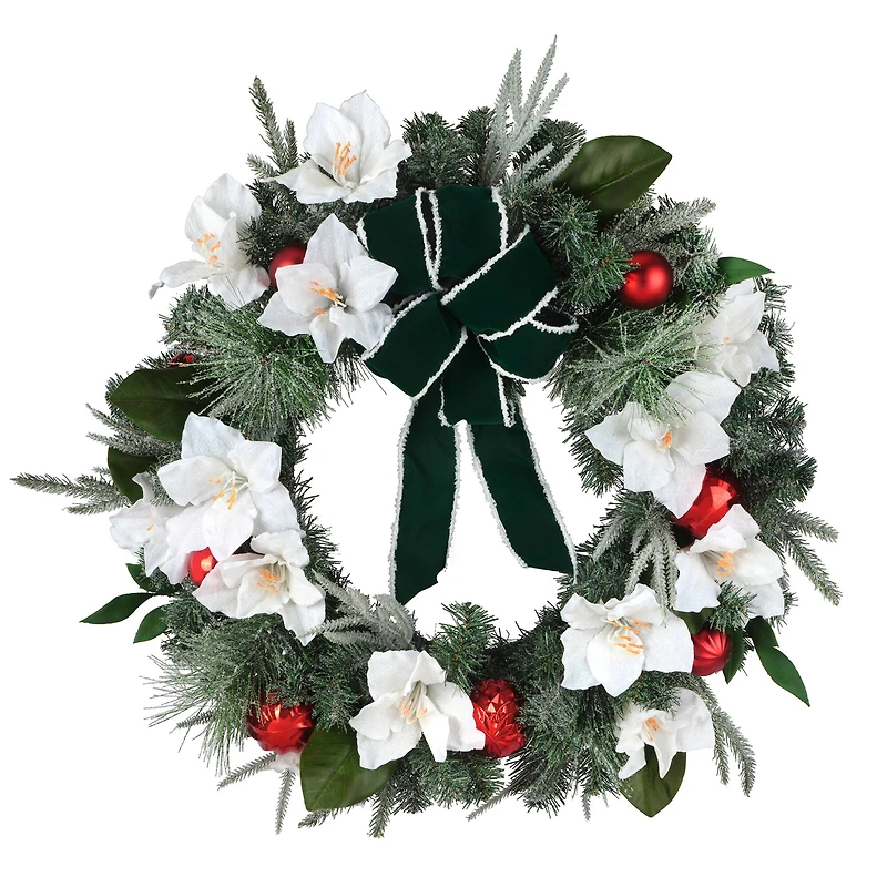 28" White & Green Amaryllis & Ornament Wreath by Ashland®