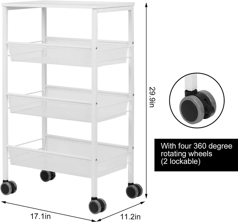 White 3-Tier Kitchen Storage Rolling Utility Cart with Wood Top