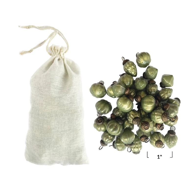 Hello Honey® 36 Pack 1" Olive Green Embossed Mercury Glass Ornaments in Muslin Bag