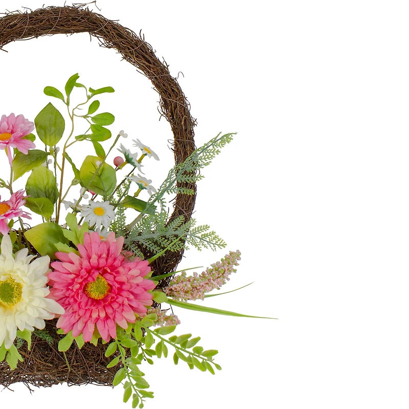 17" Pink & Yellow Chrysanthemum & Daisy Twig Basket Wreath Spring Décor