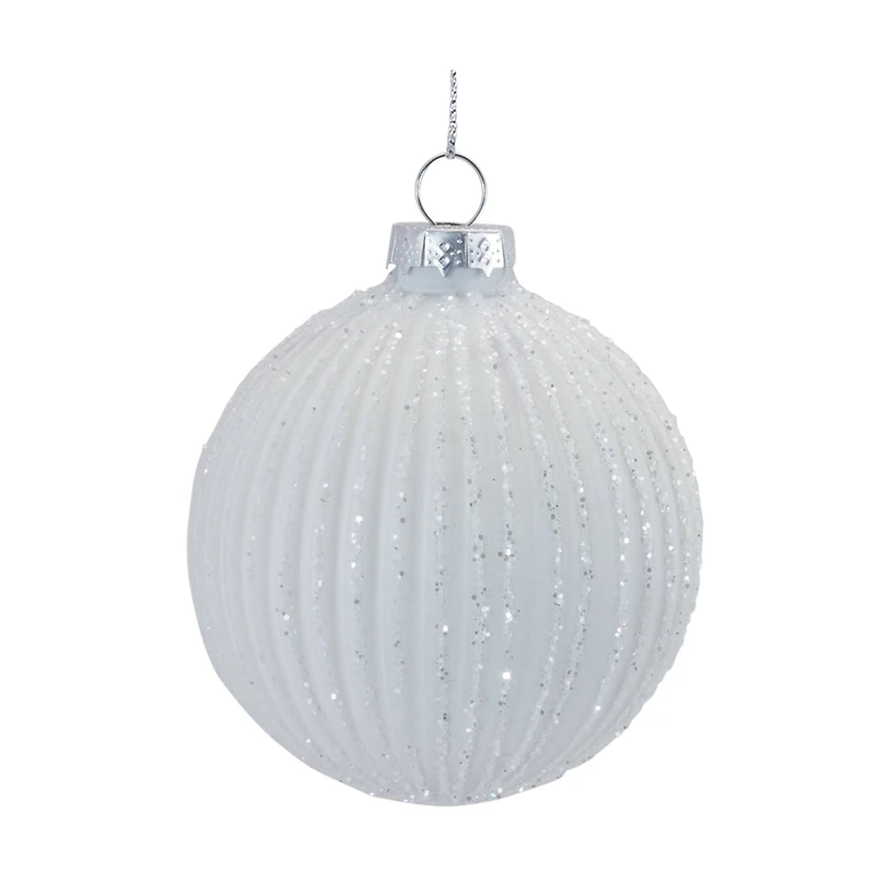 Glitter Ribbed White Glass Ornament Set