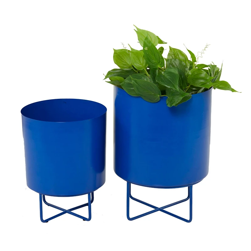 Blue Metal Modern Planter, Set of 2" 16", 13"