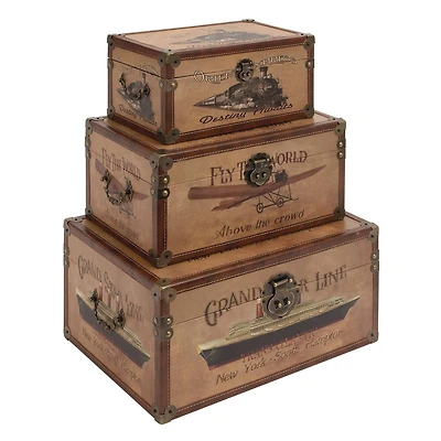 Set of 3" Brown Wood Vintage Trunk, 17", 15", 12"