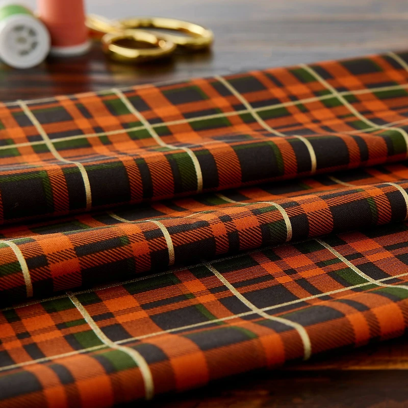 Fabric Traditions Fall Brown Plaid Glitter Cotton Fabric