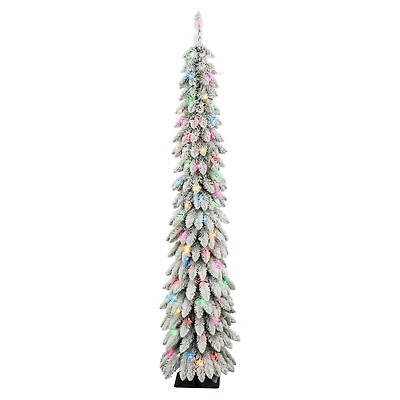 6ft. Pre-Lit Flocked Pencil Alpine Artificial Christmas Tree, Multicolor Lights