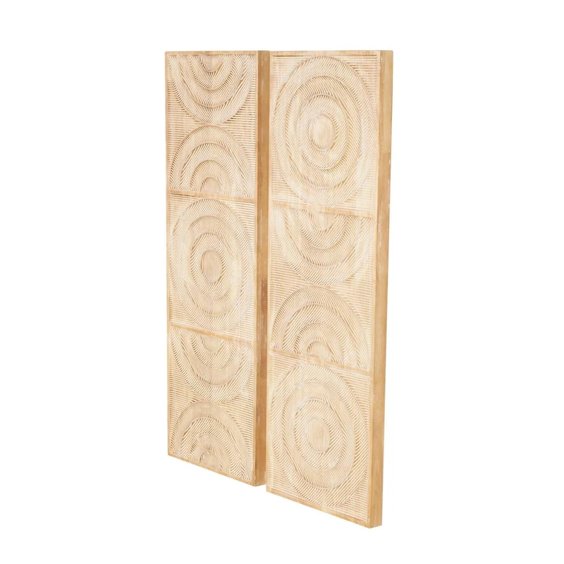 13" x 37" Light Brown Wood Geometric Carved Panel Arch Wall Décor with White Linear Markings Set