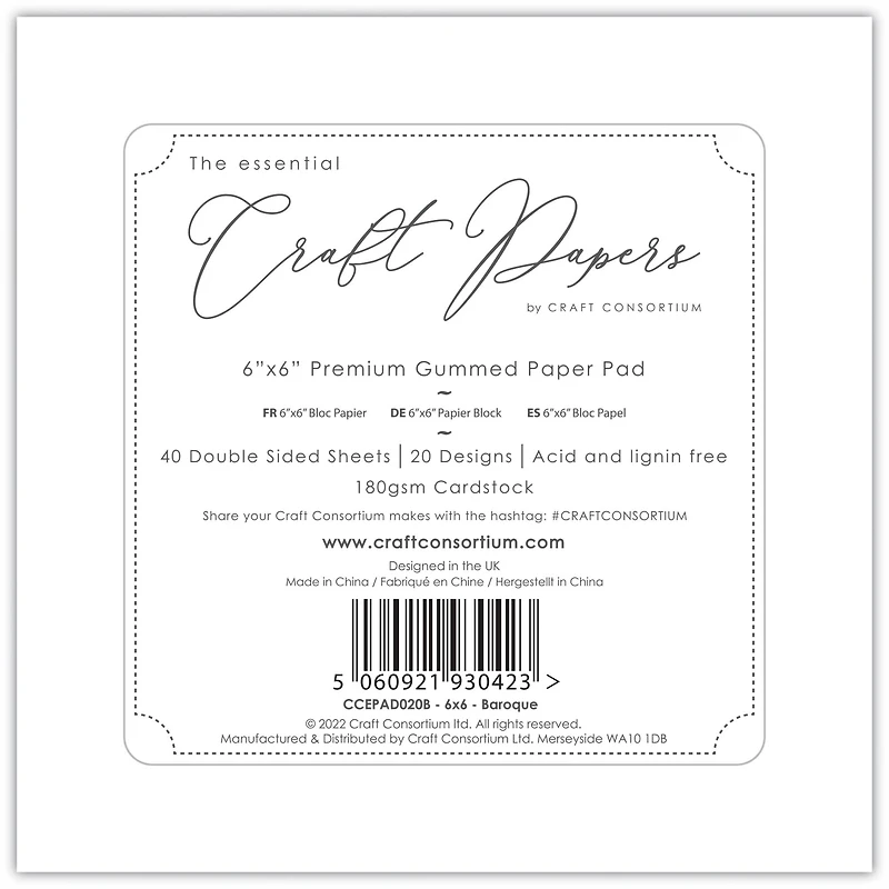 Craft Consortium Double-Sided Paper Pad 6" x 6" 40 ct. Baroque, 20 Designs