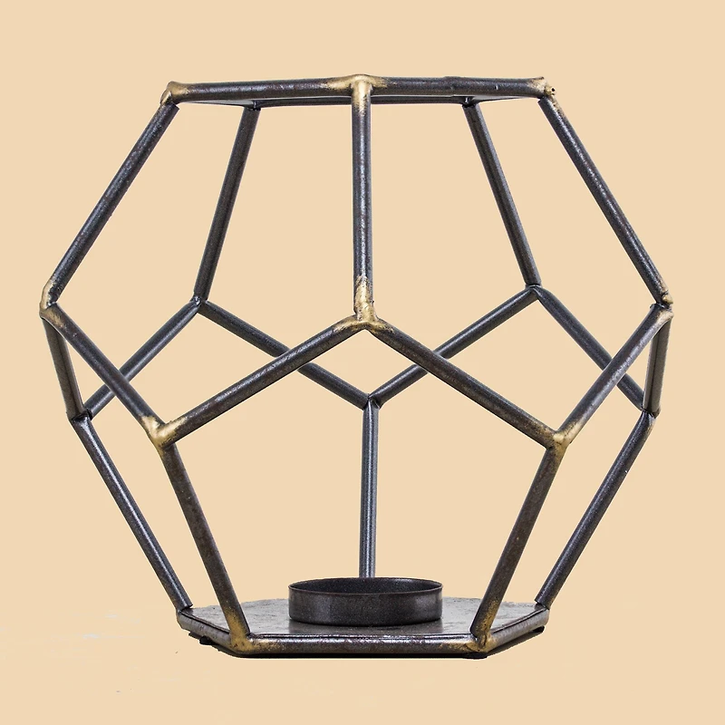 8" Dark Steel & Gold Geometric Metal Candle Holder