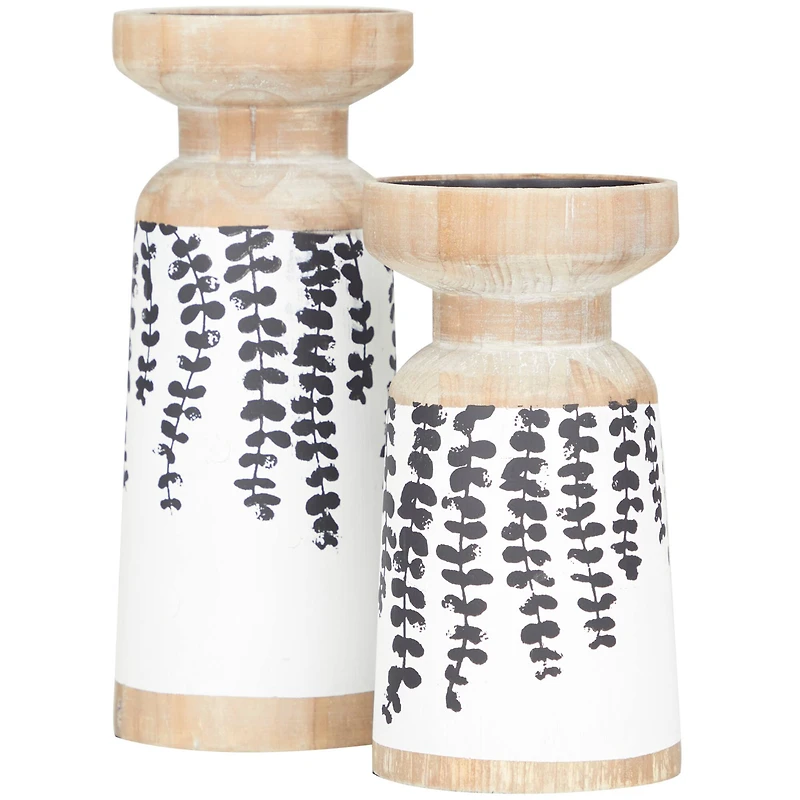 Brown Wood Drooping Vine Pillar Leaf Candle Holder Set