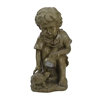 12.25" Solar Powered LED Boy Examining Turtle with Flashlight Outdoor Garden Statue