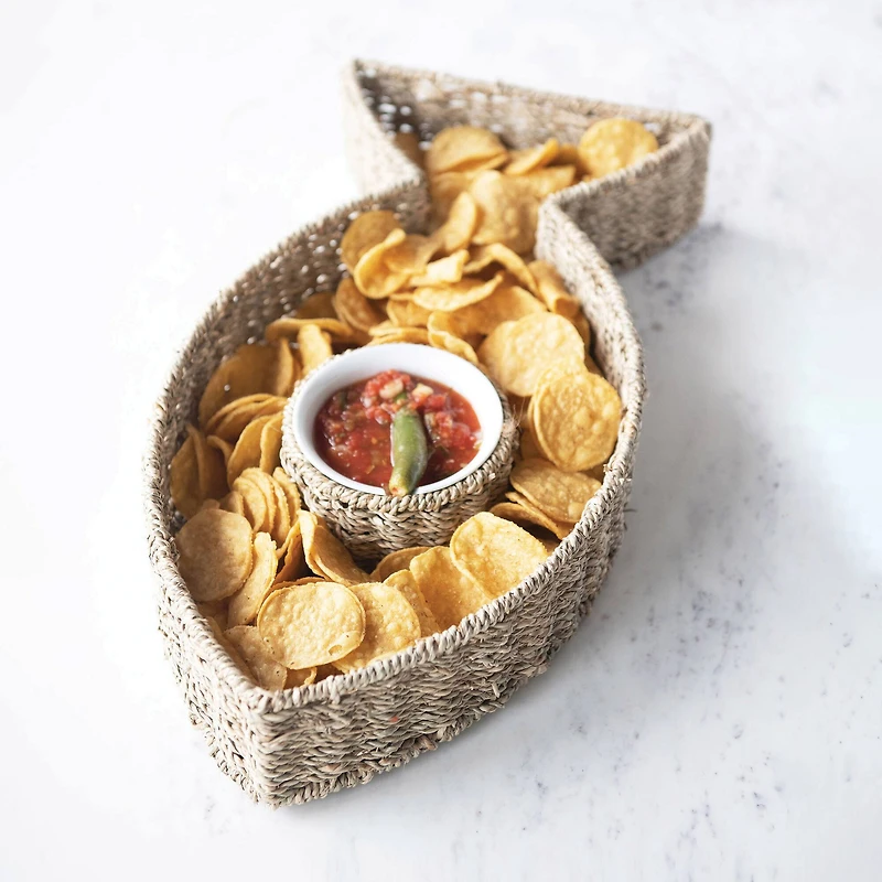 Hello Honey® Hand-Woven Seagrass Fish Shaped Chip & Dip with Ceramic Bowl Set