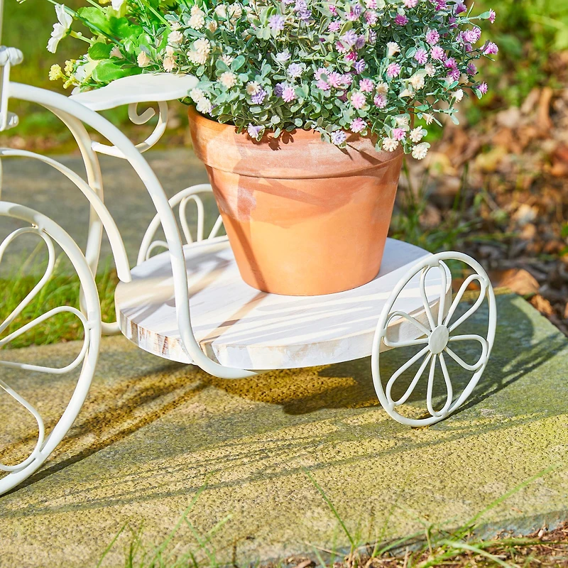 Glitzhome® 18" White Metal Tricycle Planter Stand with Solid Wood Tray