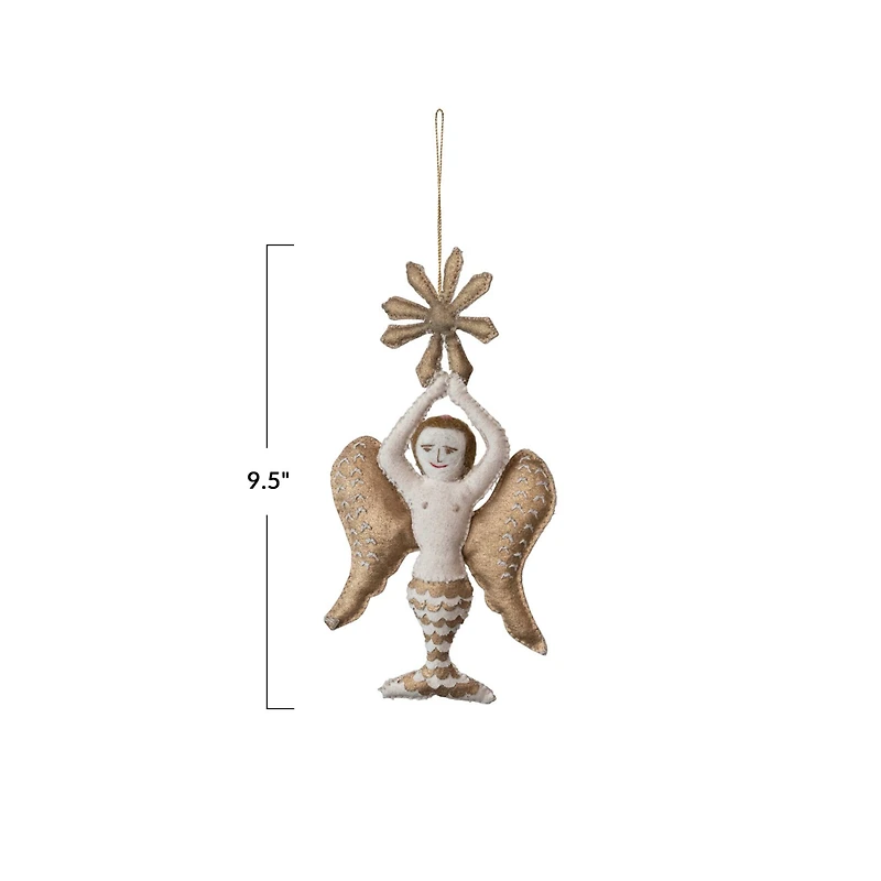 Hello Honey® 9.5" Cream & Gold Handmade Canvas & Wool Felt Angel Ornament with Embroidery