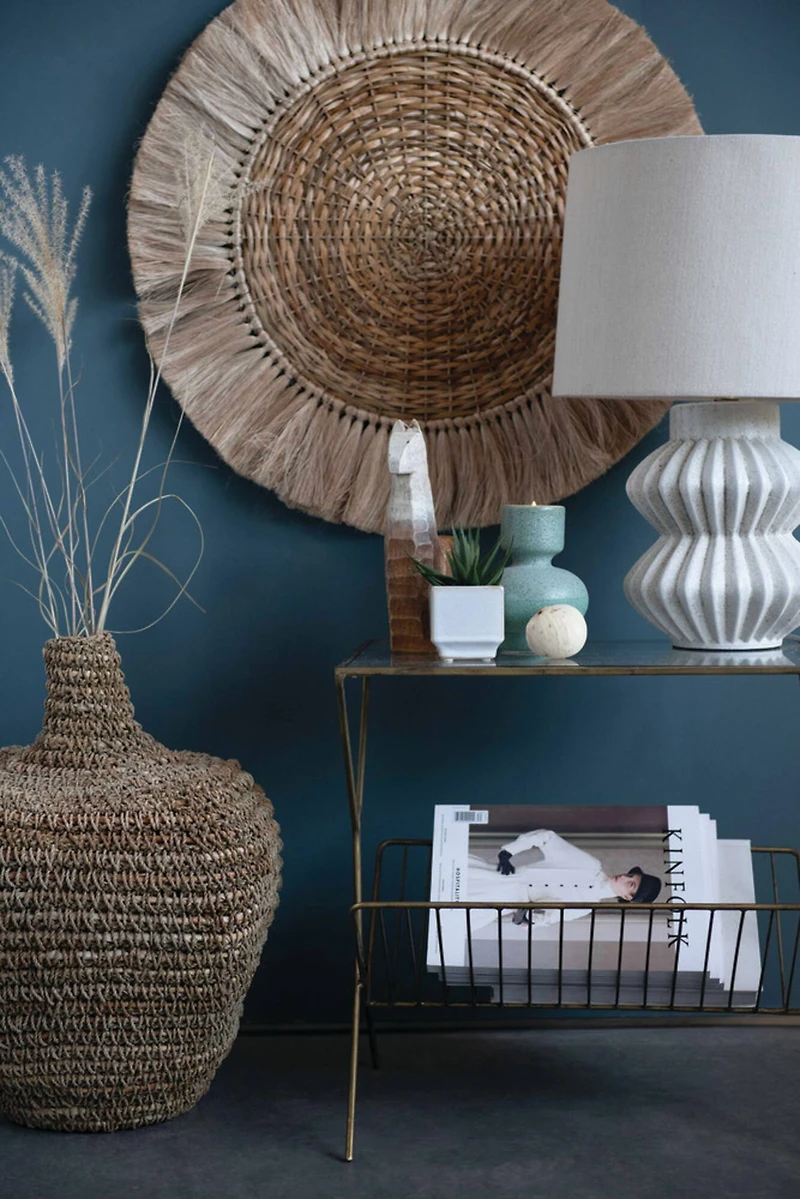 Hello Honey® 22" Distressed White Finish Fluted Terracotta Table Lamp with Linen Shade