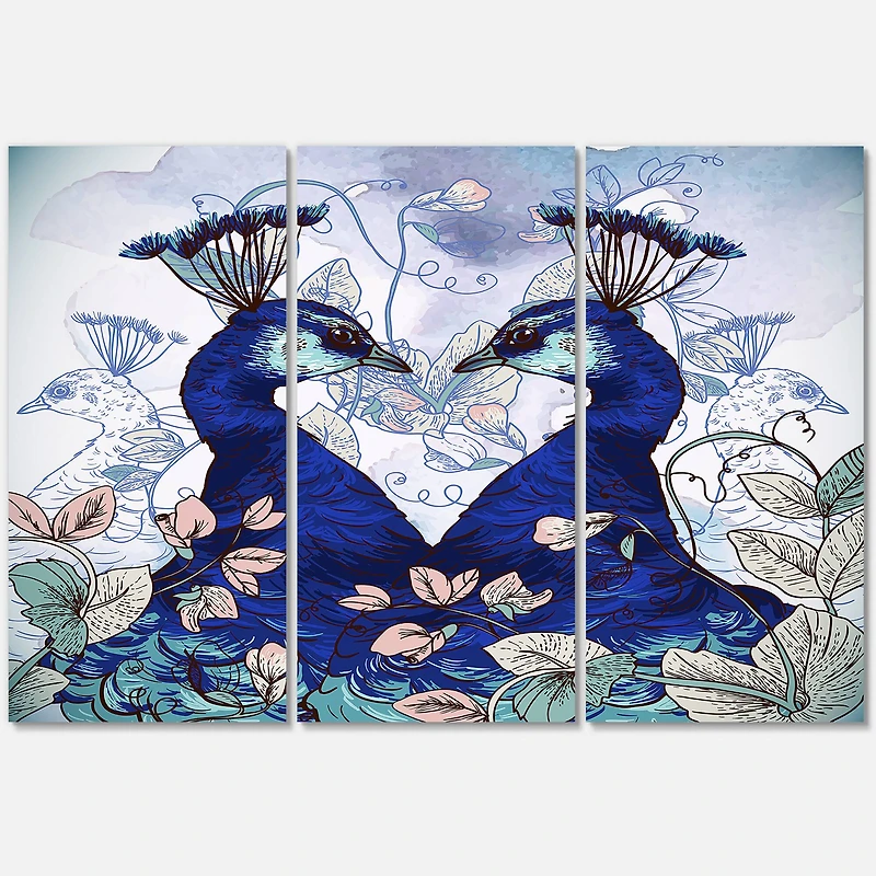 Designart - Two Blue Peacocks With Wildflowers