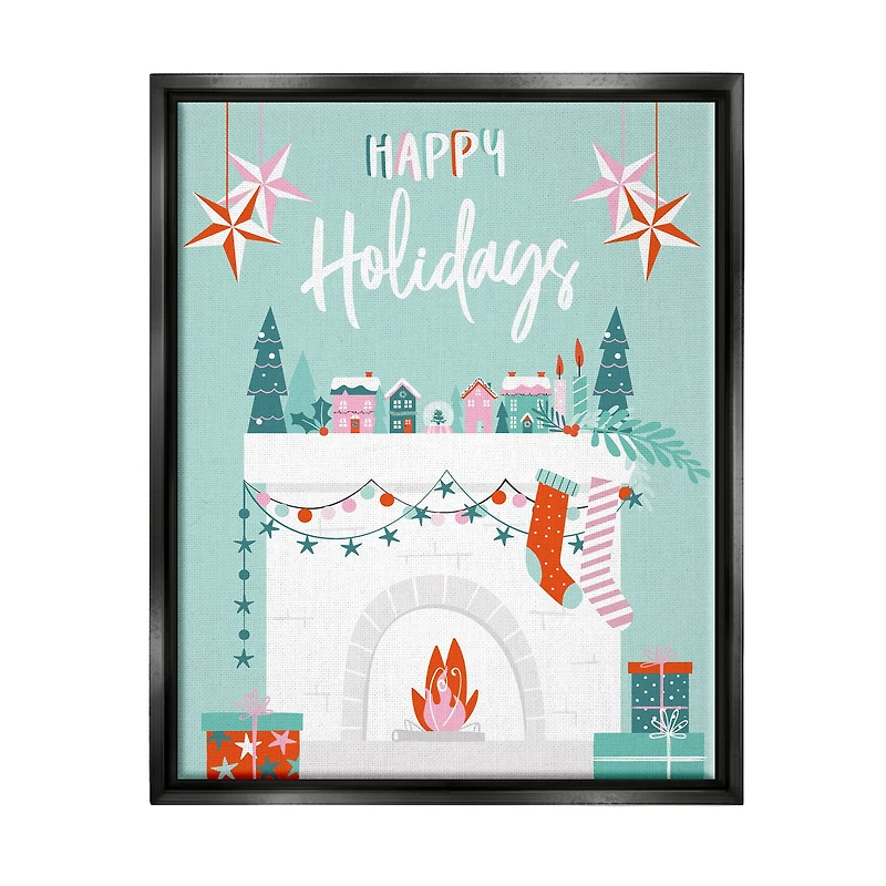 Stupell Industries Happy Holidays Festive Mantel Stockings Framed Floater Canvas Wall Art