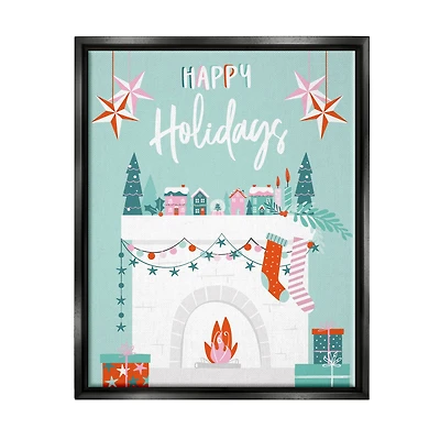 Stupell Industries Happy Holidays Festive Mantel Stockings Framed Floater Canvas Wall Art