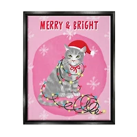 Stupell Industries Merry & Bright Christmas Cat Lights Framed Floater Canvas Wall Art