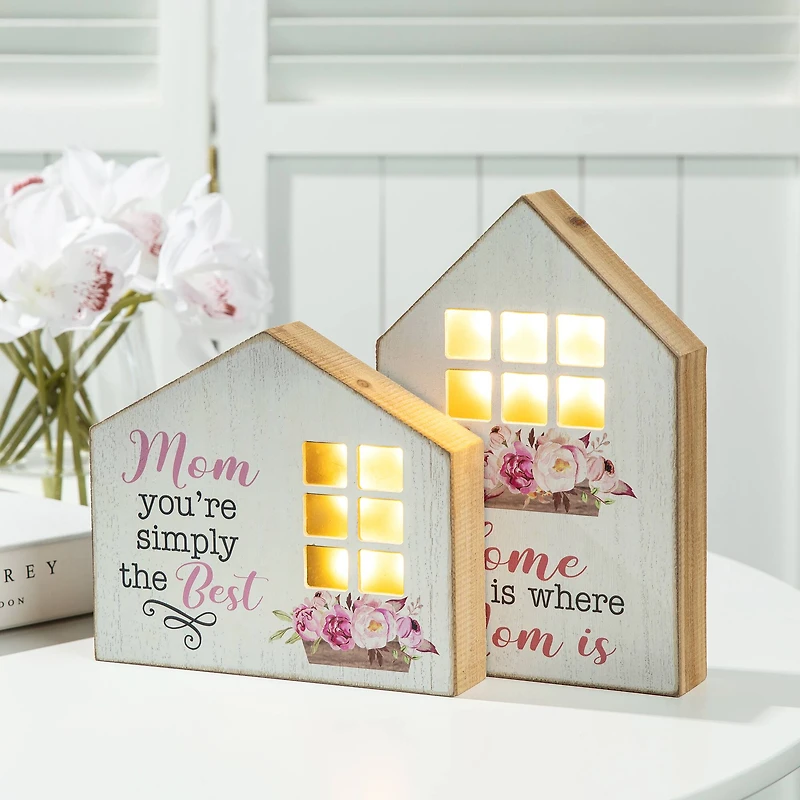 Glitzhome® Lighted Wood Mother's Day House Shaped Table Sign Set