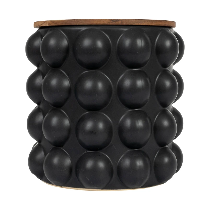 Hello Honey® 10" Round Matte Black Stoneware Waste Bins with Raised Dots & Removable Natural Acacia Wood Rim, 2ct.