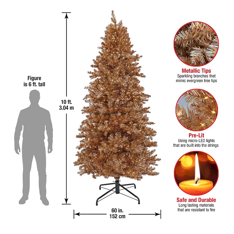 10ft. Pre-Lit Rose Gold Metallic Artificial Christmas Tree, White LED Lights