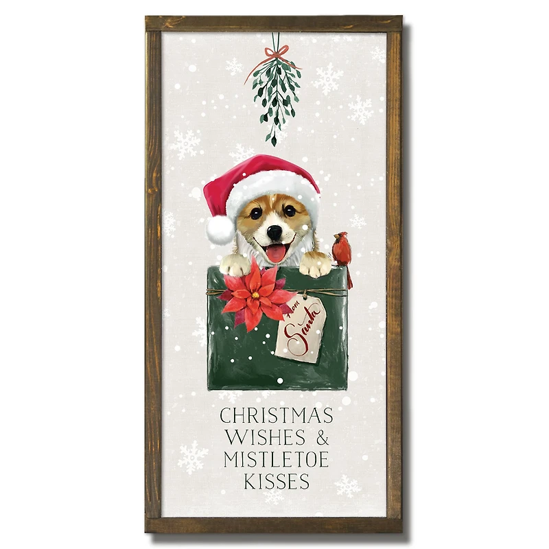 Corgi Christmas Present 12" x 24" Framed Wood Plaque