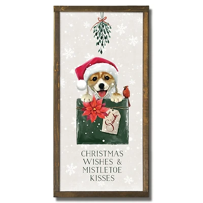 Corgi Christmas Present 12" x 24" Framed Wood Plaque
