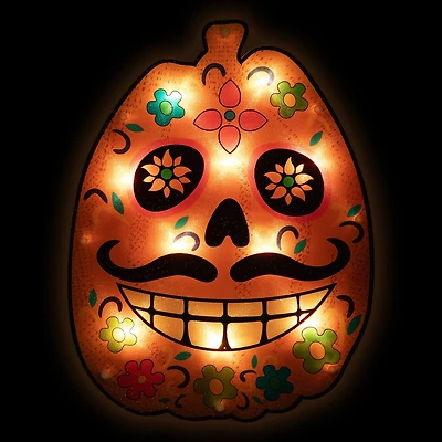 15" Lighted Sugar Skull Pumpkin Halloween Window Silhouette