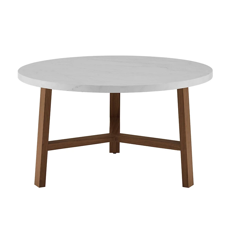 Faux White Marble & Acorn Mid-Century Modern Round Coffee Table