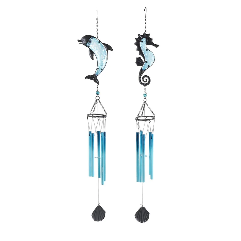 Blue Sea Life Metal Dolphin & Seahorse Windchime with Dangling Seashells Set