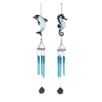 Blue Sea Life Metal Dolphin & Seahorse Windchime with Dangling Seashells Set