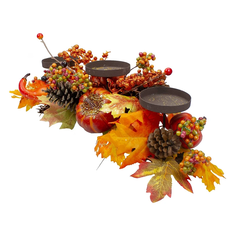 21" Orange Fall Harvest Leaves & Pumpkins Candle Holder
