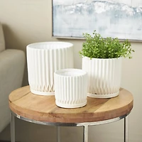 White Ribbed Textured Ceramic Planter Set