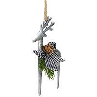 6.25" Silver Metal Reindeer Christmas Ornament with Black Gingham Bowtie & Pine