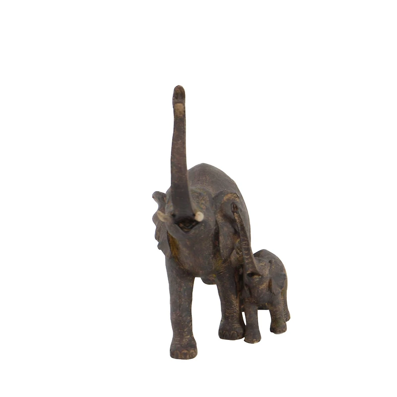 11" Brown Eclectic Polystone Elephants Sculpture
