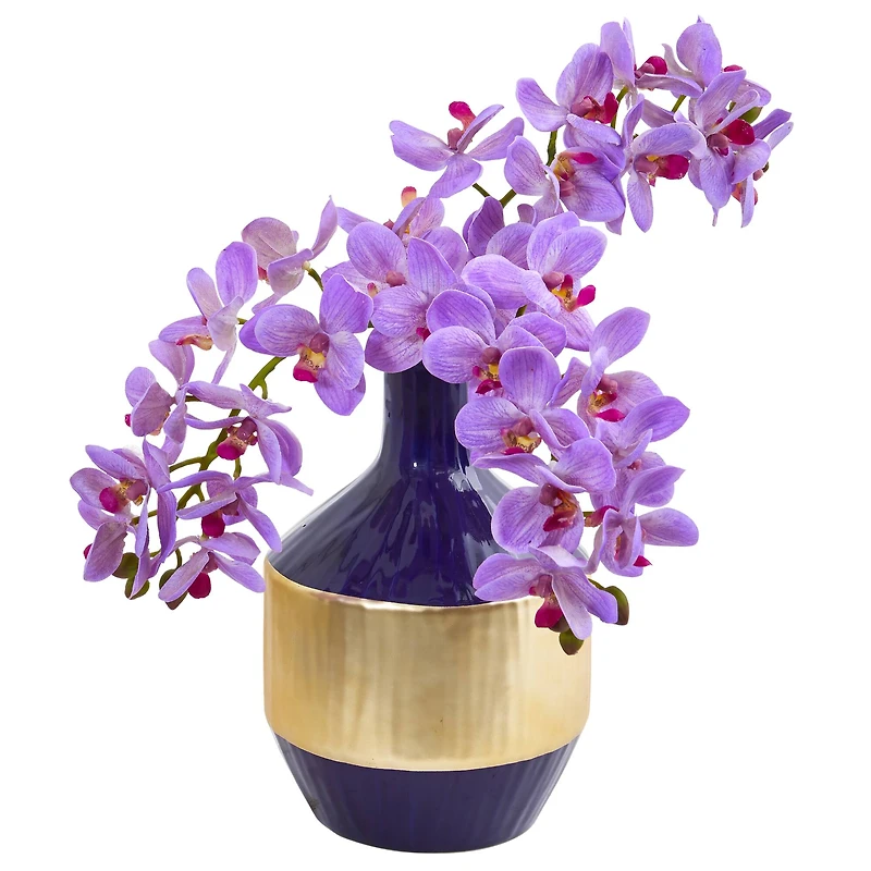 13" Moth Orchid Arrangement in Blue & Gold Vase