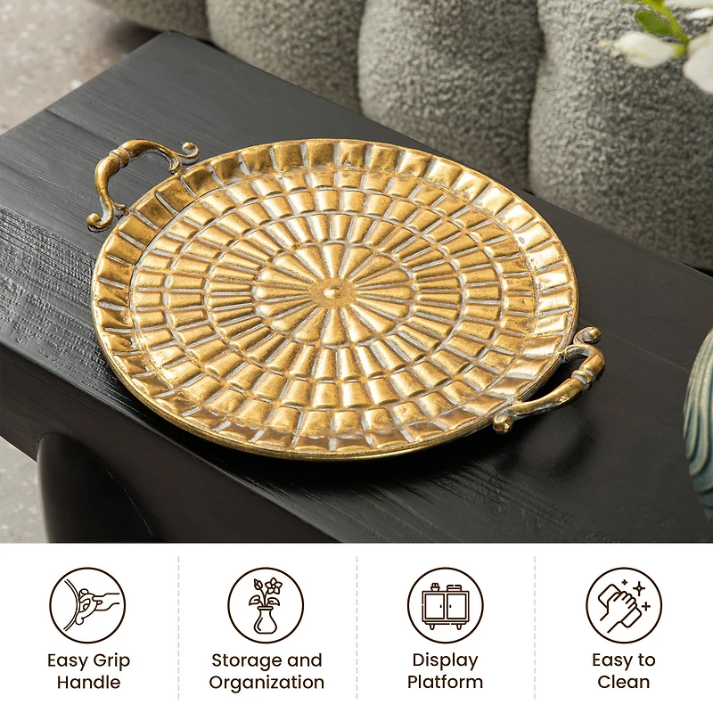 Glitzhome® Gold Round Metal Embossed Decorative Trays Set