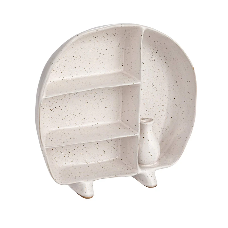 Hello Honey® 8.5" Cream Stoneware Footed Shelf with 4 Compartments & Attached Vase with Reactive Glaze