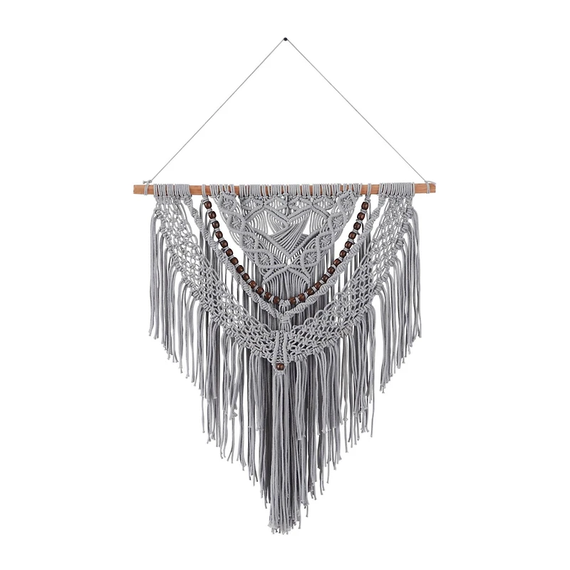 Gray Cotton Handmade Intricately Weaved Macrame Wall Decor with Beaded Fringe Tassels 27" x 1" x 42"
