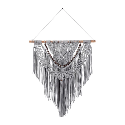 Gray Cotton Handmade Intricately Weaved Macrame Wall Decor with Beaded Fringe Tassels 27" x 1" x 42"