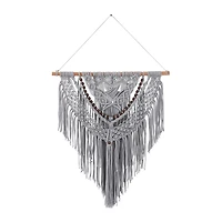 Gray Cotton Handmade Intricately Weaved Macrame Wall Decor with Beaded Fringe Tassels 27" x 1" x 42"