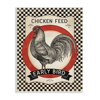 Stupell Industries Vintage Farmhouse Chicken Feed Advertisement Rooster Checkered Pattern Wall Plaque