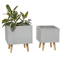 Set of 2 Grey Polystone Contemporary Planter, 15", 17"